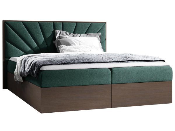 Zielone łóżko tapicerowane z nowoczesnym zagłówkiem i drewnianą podstawą