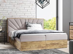 Miniaturka 7 - Beżowe łóżko sypialniane z miękkim zagłówkiem i stylową drewnianą podstawą