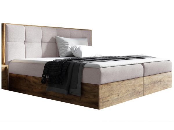 Nowoczesne łóżko do sypialni z tapicerowanym zagłówkiem i drewnianą ramą w naturalnym odcieniu
