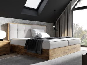 Miniaturka 1 - Nowoczesne łóżko z jasnym zagłówkiem i ramą z drewna dębowego