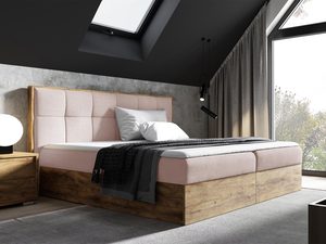 Miniaturka 6 - Pudrowo różowe łóżko sypialniane z drewnianą ramą i przeszywanym zagłówkiem