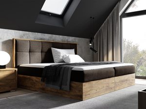 Miniaturka 3 - Nowoczesne łóżko z brązowym zagłówkiem i ramą z drewna dębowego