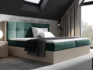 Miniaturka 6 - Zielone łóżko z tapicerowanym wezgłowiem i jasną drewnianą podstawą w sypialni