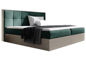 Miniaturka 1 - Zielone łóżko z tapicerowanym wezgłowiem i jasną drewnianą podstawą