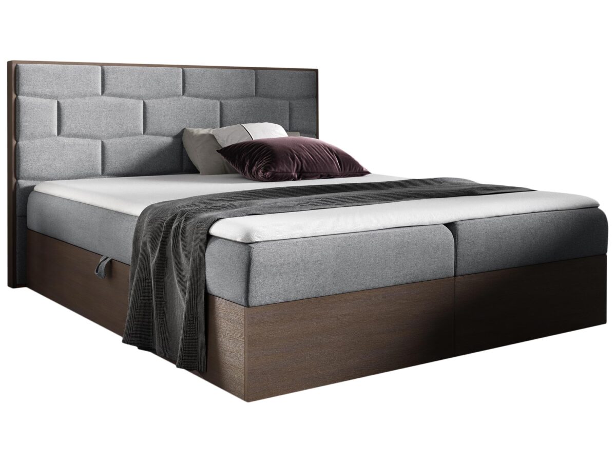 Brązowo-szare łóżko do sypialni z dekoracyjnym pikowaniem Brązowo-szare łóżko do sypialni z dekoracyjnym pikowaniem