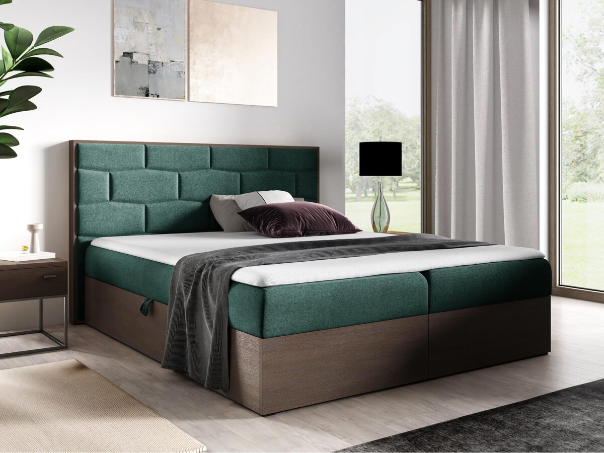Ciemnozielone łóżko tapicerowane z prostokątnym pikowaniem i niską ramą Ciemnozielone łóżko tapicerowane z prostokątnym pikowaniem i niską ramą