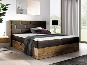 Miniaturka 4 - Brązowe łóżko tapicerowane z segmentowym zagłówkiem i naturalną podstawą