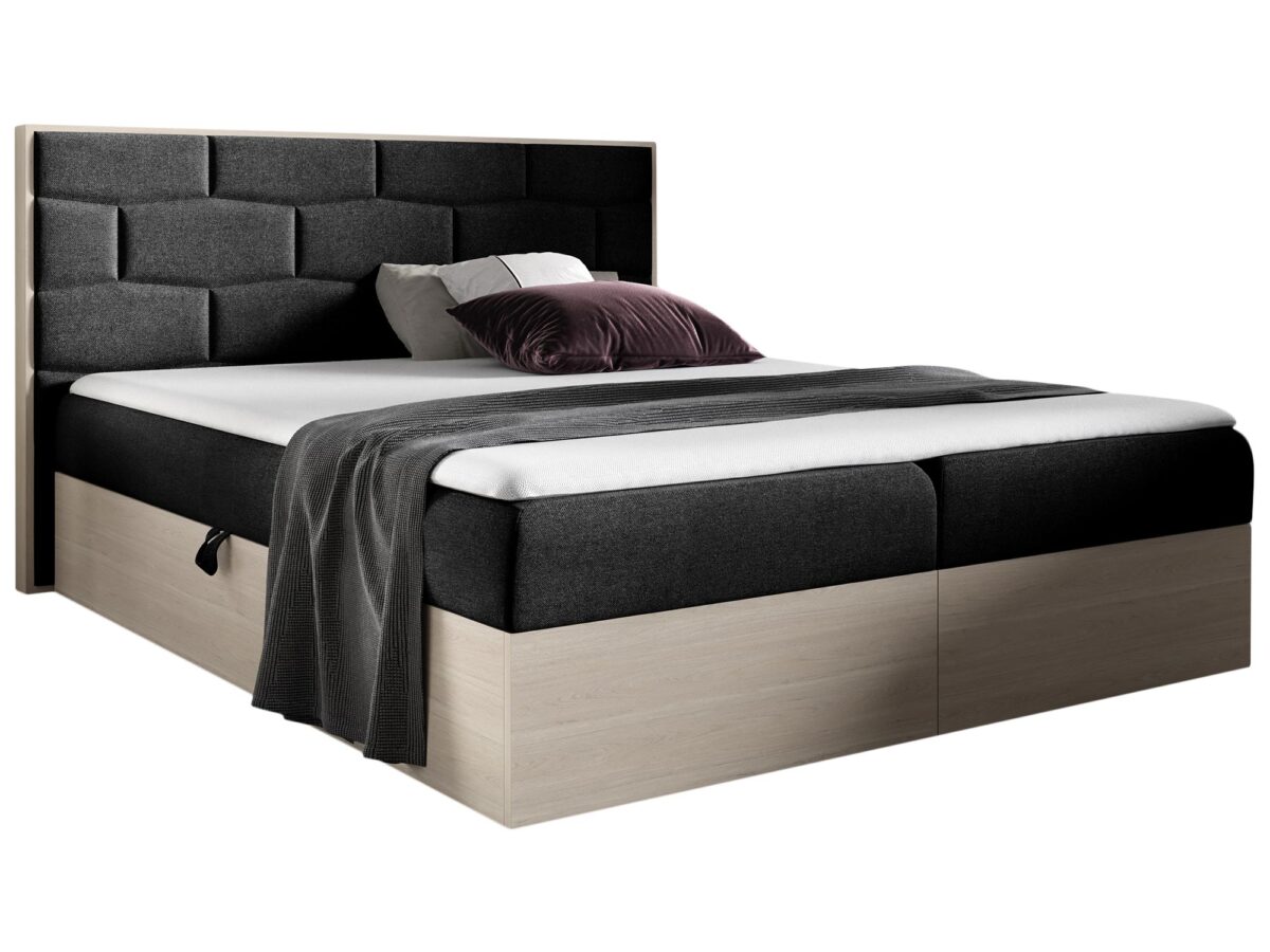 Czarne łóżko sypialniane z jasnym korpusem i miękkim zagłówkiem Czarne łóżko sypialniane z jasnym korpusem i miękkim zagłówkiem