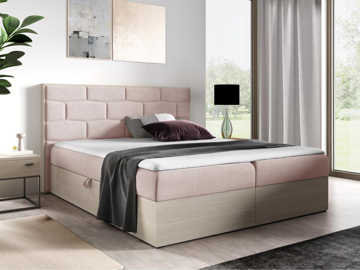Jasnoróżowe łóżko z zagłówkiem panelowym i funkcją pojemnika Jasnoróżowe łóżko z zagłówkiem panelowym i funkcją pojemnika