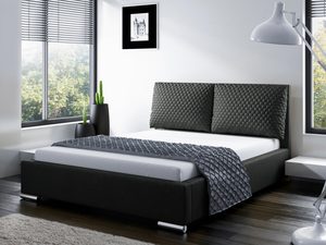 Miniaturka 6 - Czarne łóżko tapicerowane z prostym, geometrycznym wzorem na zagłówku.