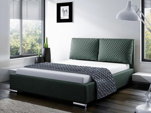 Miniaturka 2 - Zielone łóżko z ciemną ramą i tekstylnym obiciem.