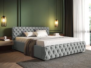 Miniaturka 7 - Szare łóżko z dekoracyjnymi guzikami i tłem w kolorze butelkowej zieleni.