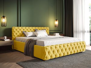 Miniaturka 9 - Żółte łóżko tapicerowane z efektownym pikowaniem i narzutą.