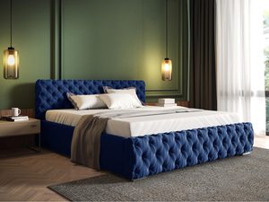 Miniaturka 10 - Niebieskie łóżko z pikowaniem typu Chesterfield, nowoczesna aranżacja.