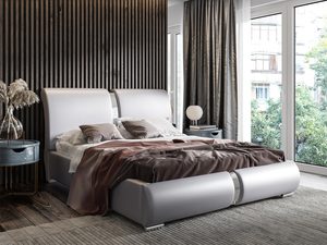 Miniaturka 7 - Srebne łóżko ze srebrnymi paskami i zagłówkiem, tapicerowane ekoskórą.