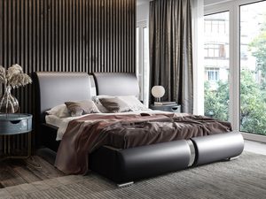 Miniaturka 3 - Czarno-białe łóżko z delikatnym zagłówkiem i brązową narzutą.