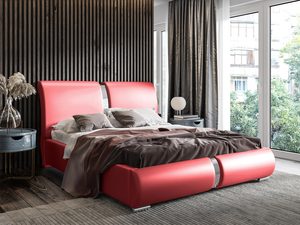 Miniaturka 4 - Czerwone łóżko tapicerowane z połyskiem i zagłówkiem w formie walca.