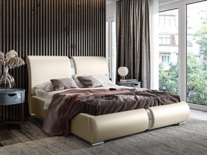 Miniaturka 5 - Złote łóżko z wysokim zagłówkiem i szerokimi pasami na bokach.