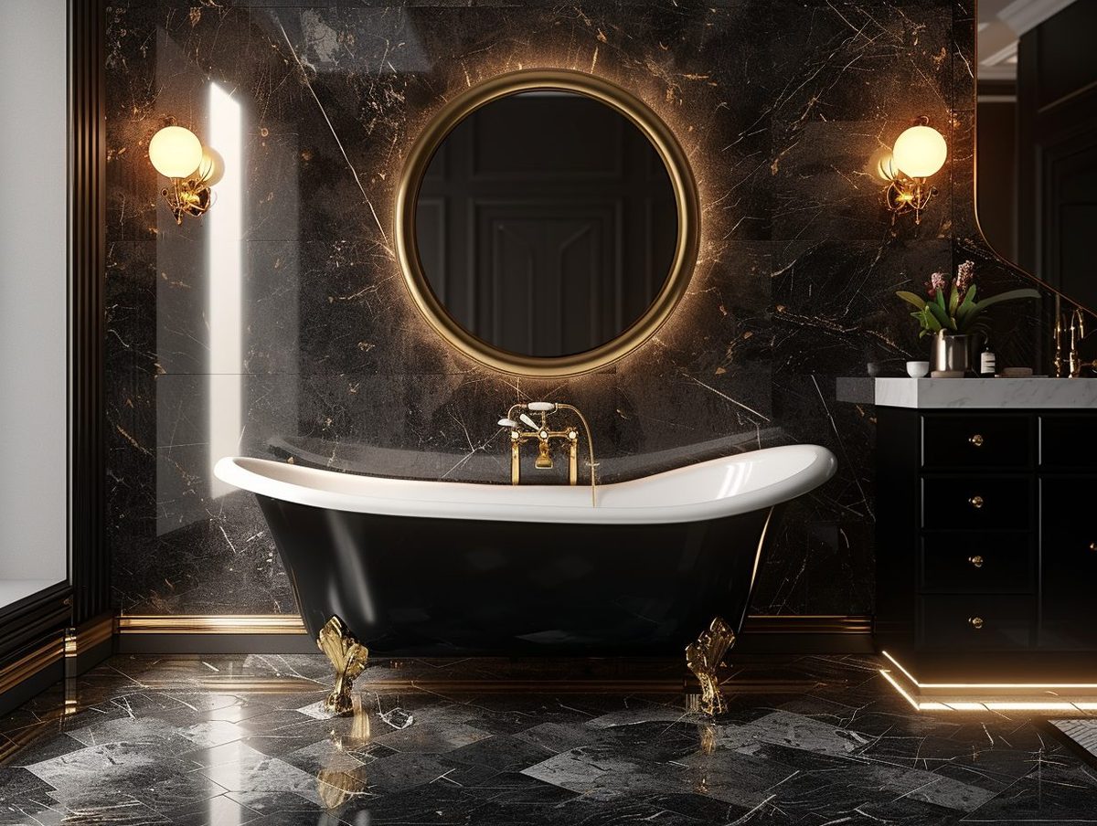 Luksusowa łazienka glamour z czarną wanną wolnostojącą i złotymi dodatkami, elegancka łazienka glamour. Luksusowa łazienka glamour z czarną wanną wolnostojącą i złotymi dodatkami, elegancka łazienka glamour.