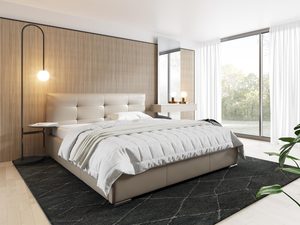 Miniaturka 5 - Tapicerowane łóżko beżowe z prostym zagłówkiem do nowoczesnej sypialni