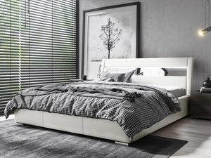 Miniaturka 6 - Białe łóżko tapicerowane z czarnym zagłówkiem i materacem