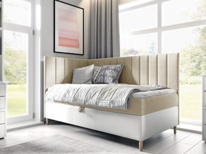 Miniaturka 4 - Beżowo-białe łóżko z wysokim zagłówkiem.
