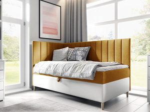 Miniaturka 13 - Musztardowe łóżko z białą ramą i złotymi nogami – loft + glamour.