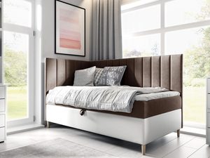 Miniaturka 5 - Brązowo-białe łóżko z wysokim zagłówkiem i przeszyciami.