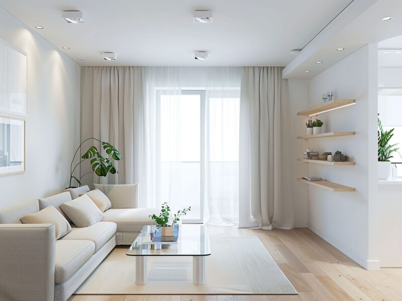 Nowoczesny salon skandynawski z białą sofą i dużym oknem, minimalistyczny salon skandynawski.