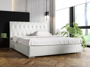 Miniaturka 6 - Białe łóżko tapicerowane z miękkim wezgłowiem i pikowaniem