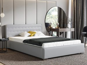 Miniaturka 4 - Nowoczesne białe łóżko sypialniane z żółtym akcentem i ozdobnym zagłówkiem