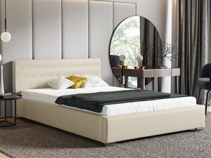 Miniaturka 5 - Kremowe łóżko tapicerowane z eleganckim zagłówkiem i czarną ramą