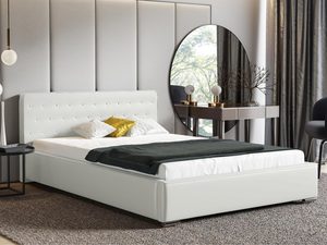 Miniaturka 6 - Białe łóżko sypialniane z wysokim zagłówkiem i przeszyciami w stylu glamour