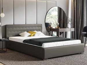 Miniaturka 3 - Jasnobrązowe łóżko do sypialni z wysokim zagłówkiem i subtelną aranżacją