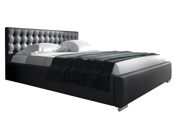 Czarne łóżko z miękkim tapicerowanym zagłówkiem do nowoczesnej sypialni