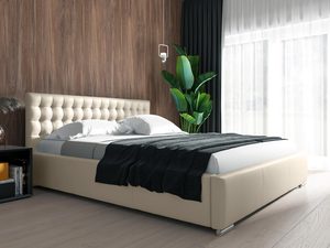 Miniaturka 1 - Kremowe łóżko tapicerowane z roślinną aranżacją i przeszyciami