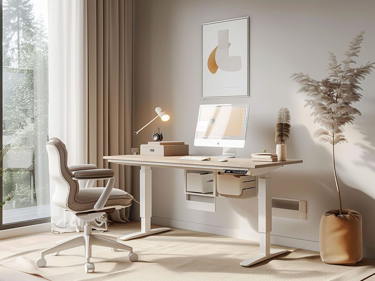 Nowoczesne biuro domowe z białym biurkiem i ergonomicznym fotelem, jasne biuro nowoczesne.