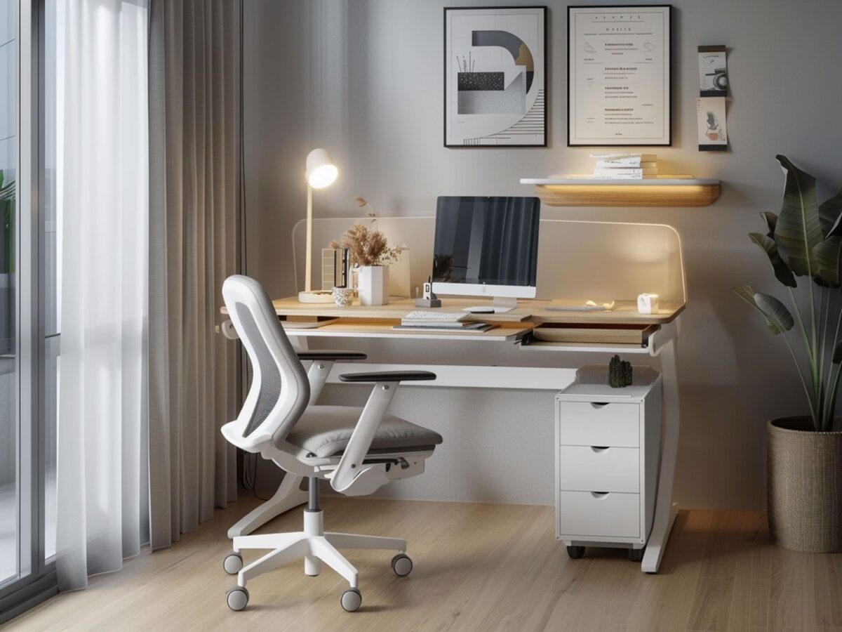 Nowoczesne biuro w jasnych kolorach z ergonomicznym fotelem i białym biurkiem