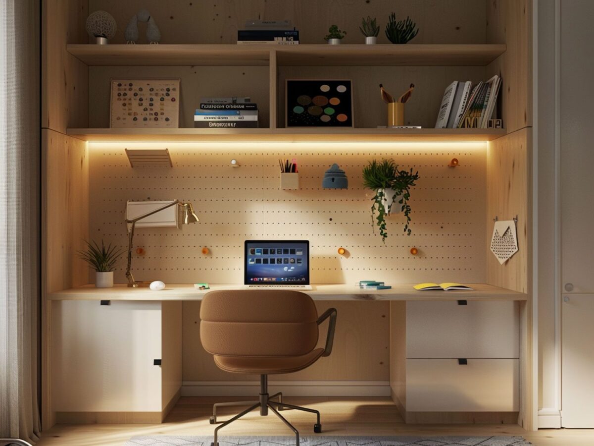 Nowoczesne biuro z drewnianym biurkiem i podświetlaną półką na tle ściany
