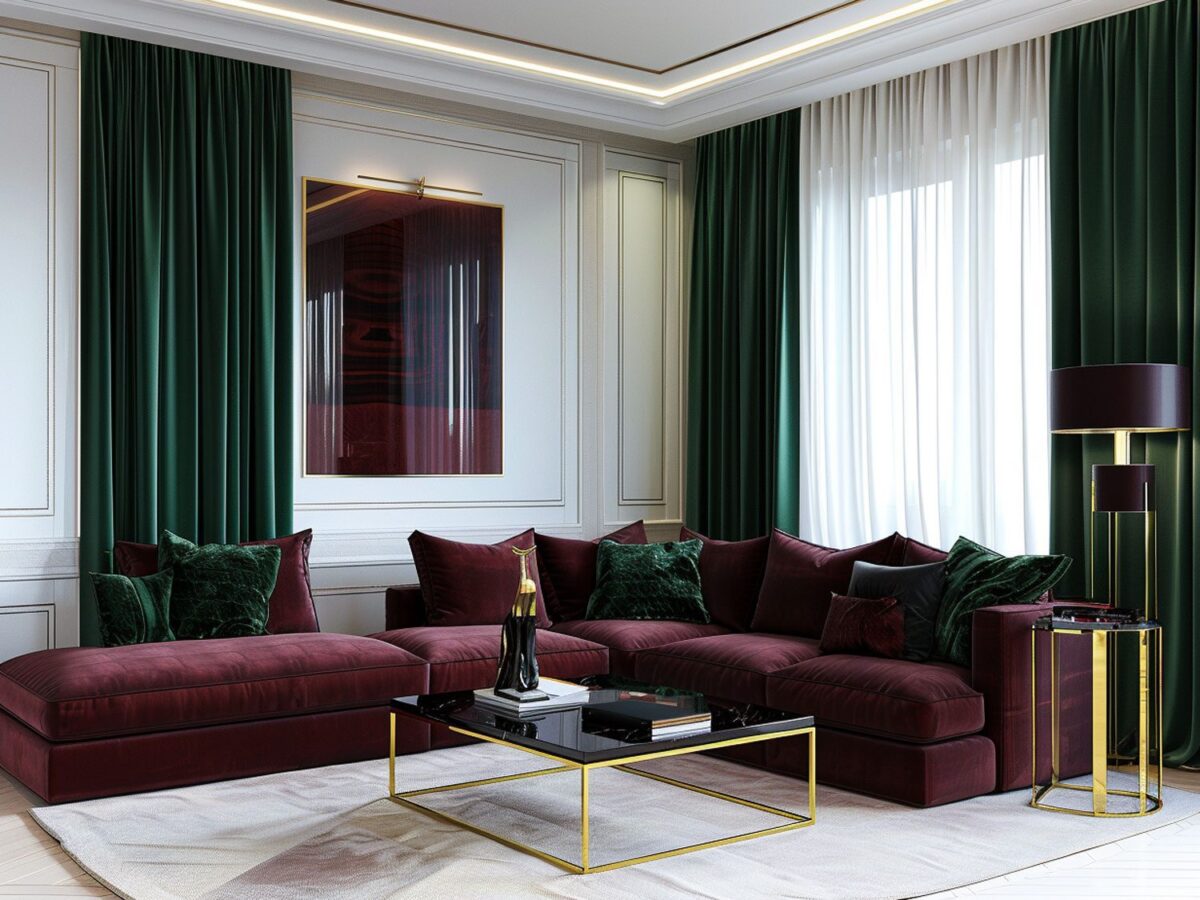 Glamour salon z bordową sofą, zielonymi zasłonami i złotymi dodatkami