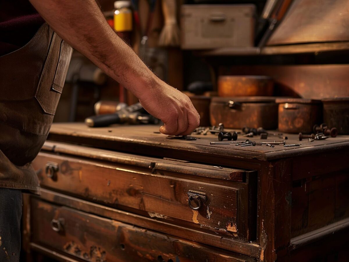 Renowacja drewnianych mebli, ręczna praca stolarska przy szufladach.