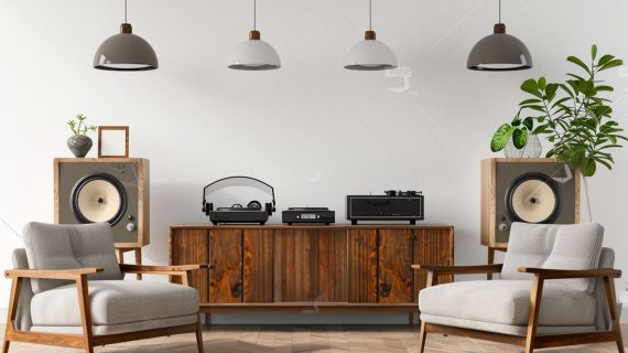 Retro salon z drewnianą komodą i gramofonem, stylowy salon retro
