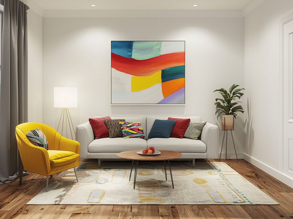 Nowoczesny salon z jasną sofą, kolorową abstrakcyjną dekoracją i dywanem