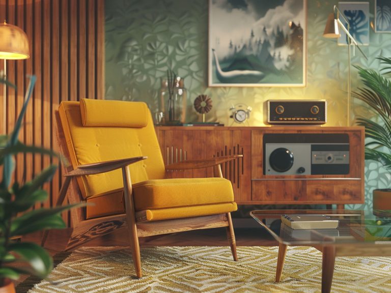 Retro salon z żółtym fotelem i drewnianą komodą, stylowy salon retro.
