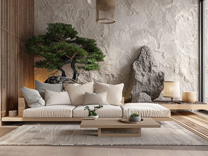 Rustykalny salon z białą sofą i kamienną ścianą, przytulny salon rustykalny