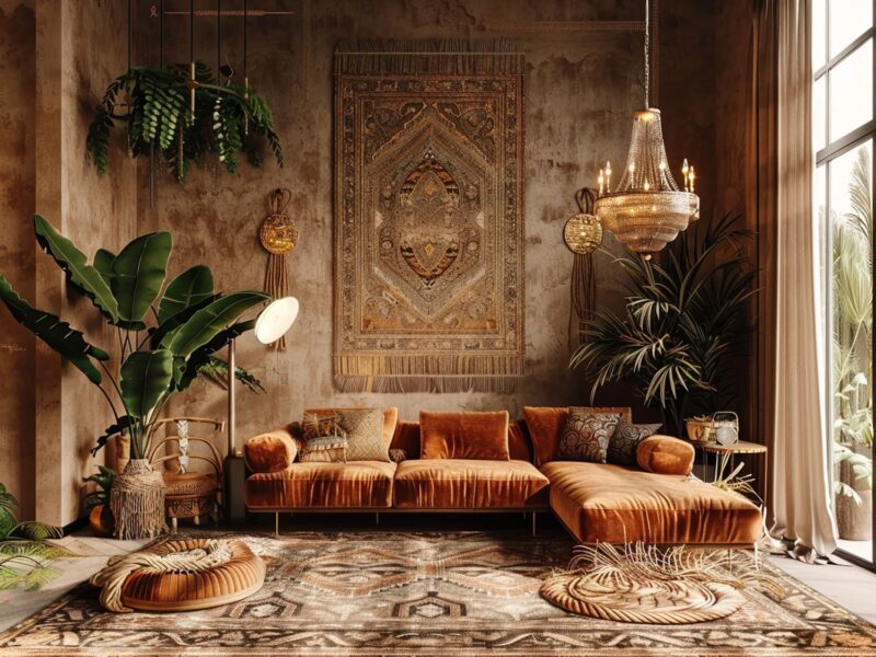 Rustykalny salon z brązową aksamitną sofą, orientalnym dywanem i wiszącą lampą