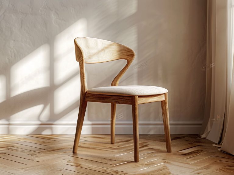 Salon z drewnianym krzesłem o minimalistycznym kształcie