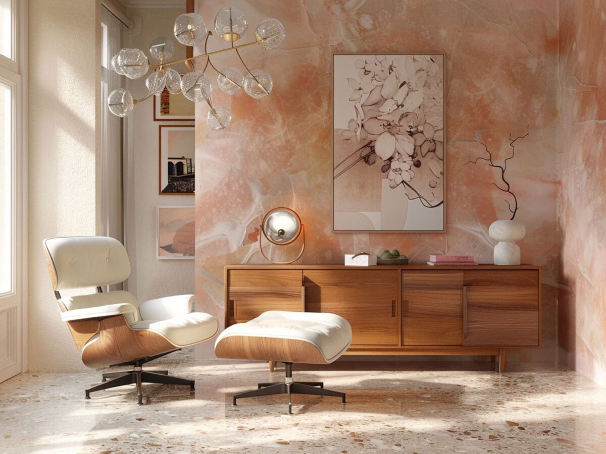 Glamour salon z jasnymi fotelami, złotymi lampami i marmurowymi akcentami Glamour salon z jasnymi fotelami, złotymi lampami i marmurowymi akcentami