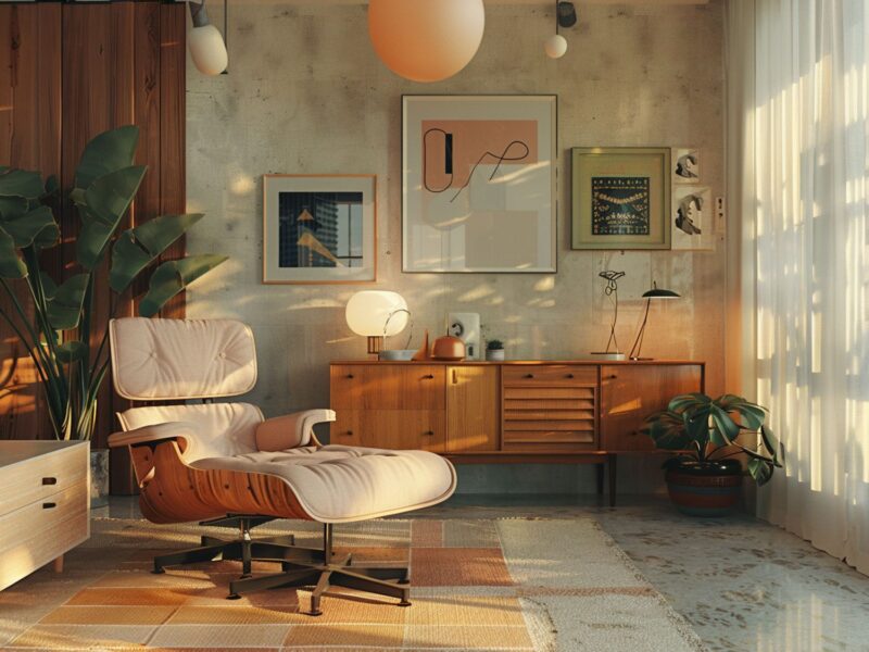 Retro salon z fotelem skórzanym i drewnianą komodą w ciepłych barwach