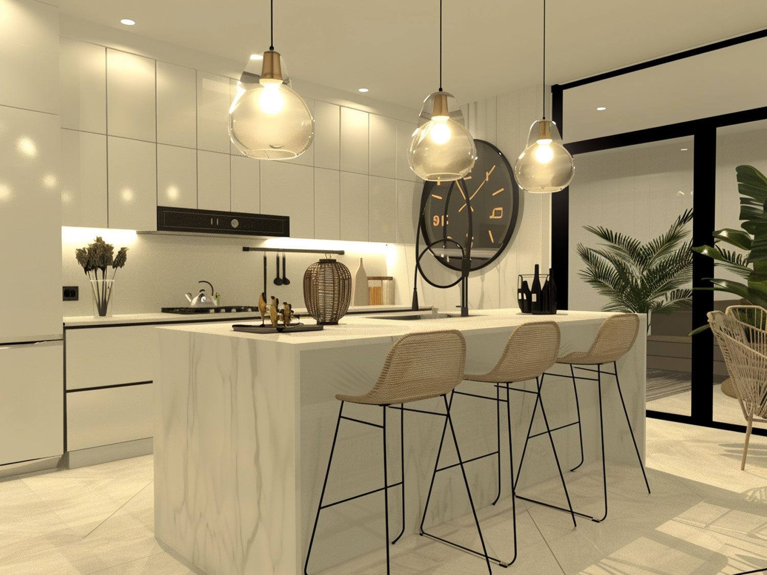 Nowoczesna kuchnia z białymi frontami, marmurową wyspą i designerskimi lampami